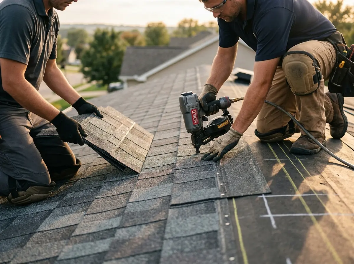Professional roofer working on a residential roof in Goldenrod